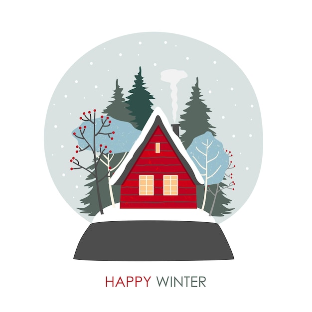 유리 선물 공에 눈 덮인 숲에 집. 눈이 내리는 겨울 풍경.