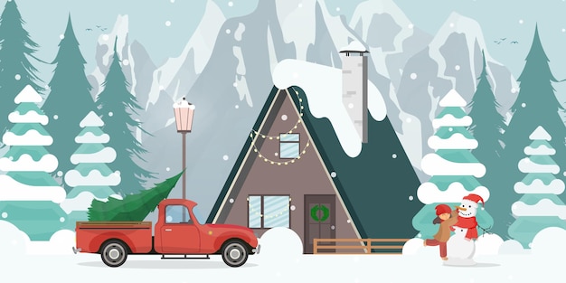 눈 덮인 숲에 집입니다. 크리스마스 트리와 빨간 차입니다. 소녀는 눈사람을 만듭니다. 크리스마스 트리, 산, 눈. 플랫 만화 스타일입니다. 벡터 일러스트 레이 션.