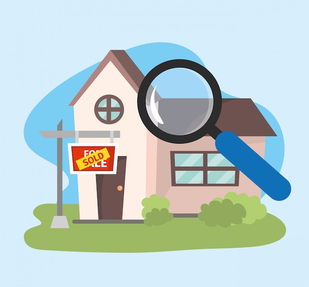 Vector house sold property plan with magnifying glass