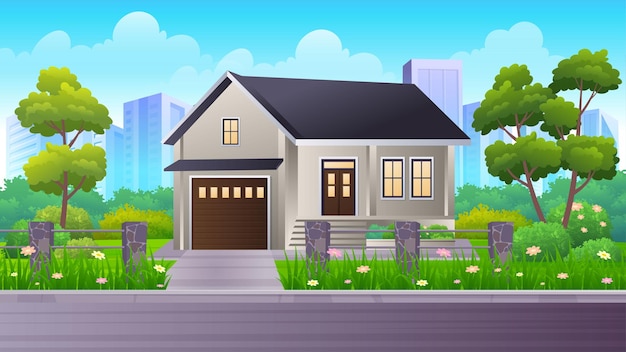 House in the suburbs, Residential cozy house with Street, green lawn, bush and trees illustration