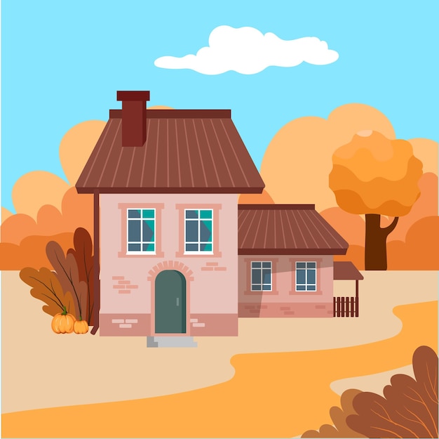 House surrounded by autumn forest Vector illustration