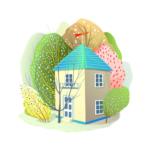 Vector house surrounded by trees little cottage in nature. vector watercolor style cartoon design.