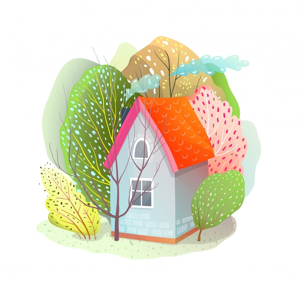 Vector house surrounded by trees little cottage in nature. vector watercolor style cartoon design.