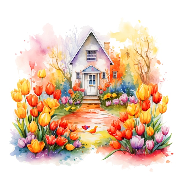 House surrounded by tulips watercolor paint