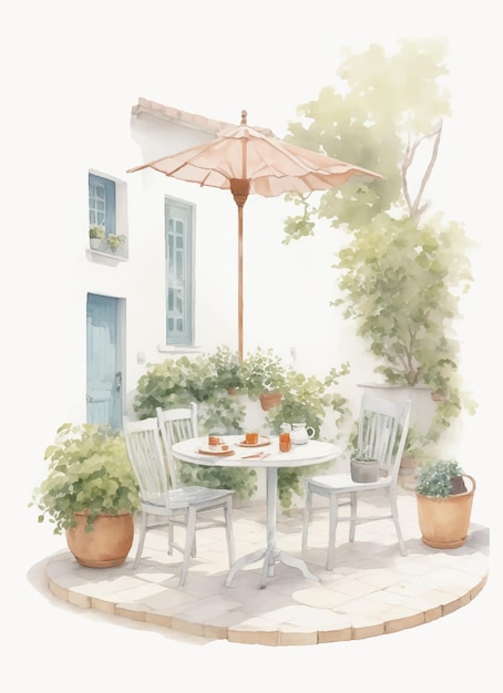 Vector house terrace with small table and chairs watercolor illustration