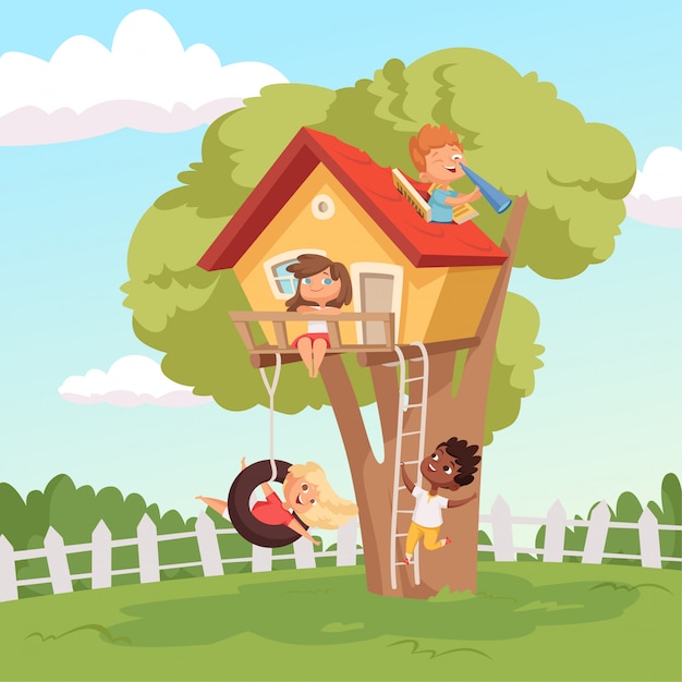 House on tree. Cute children playing in garden nature climbing kids