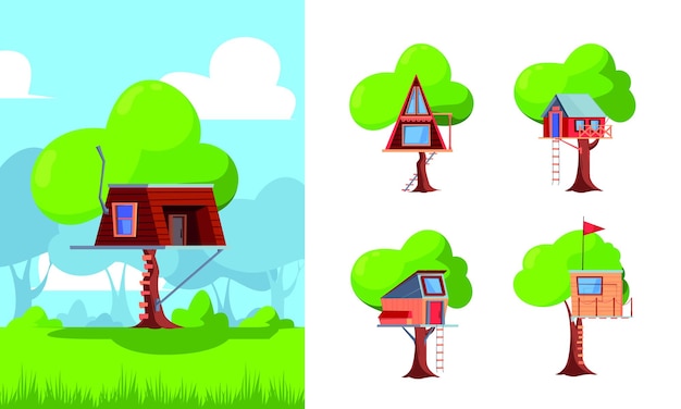 House on tree Kids playground on big tree green plants wooden attraction for kids garish vector cartoon set