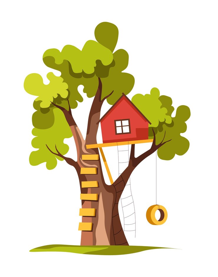 Vector house on tree with ladder and swing playground or backyard isolated plant