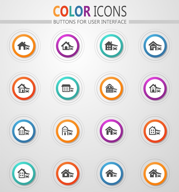 House type icons on round white buttons with color strokes