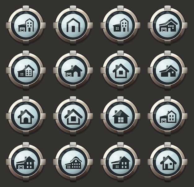 Icone vettoriali tipo casa negli eleganti pulsanti rotondi per applicazioni mobili e web