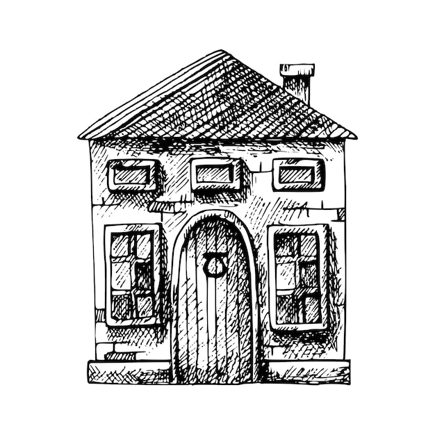 Vettore schizzo vettoriale della casa illustrazione disegnata a mano gravatura di edifici di villaggi e città disegno monocromatico