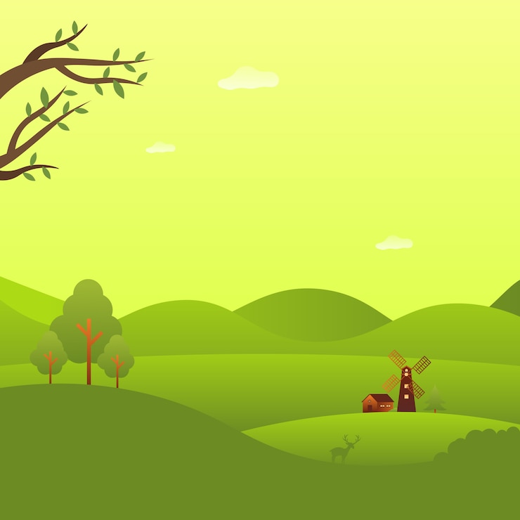 Vector house and windmill in forest beautiful landscape 