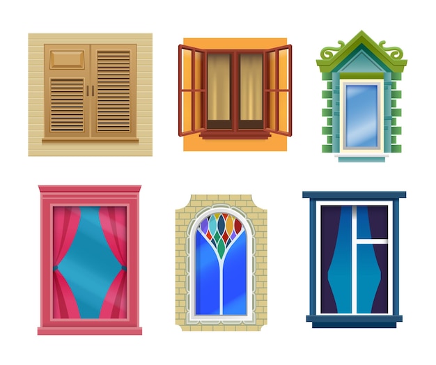 Vector house windows, flat cartoon, modern and retro design. windows with closed and open casements of stained glass with curtains, shutters and sills in brick and plastic window frames
