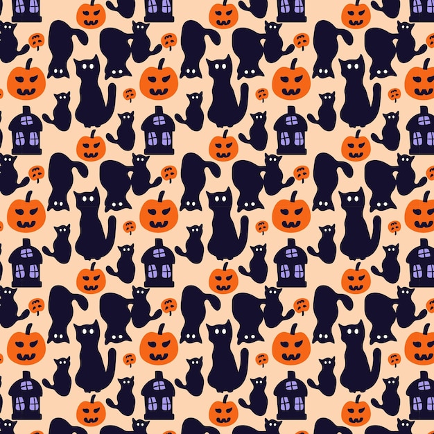 House of witch with pumpkin and witch cat Halloween vector pattern