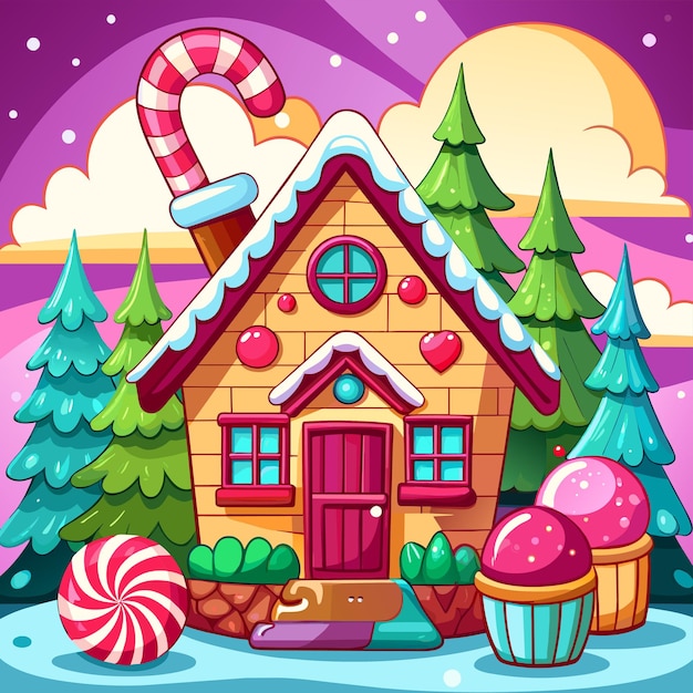 Vector a house with a candy cane on the front and a christmas tree in the background