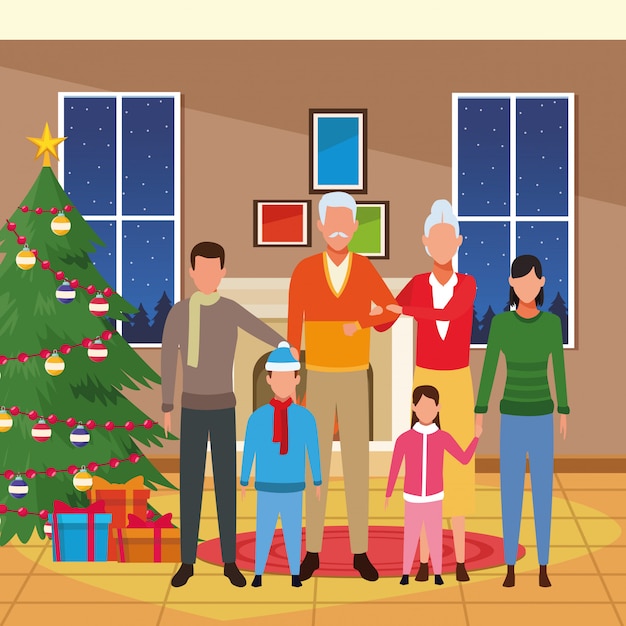 Вектор Дом с рождественским украшением и счастливой семьей