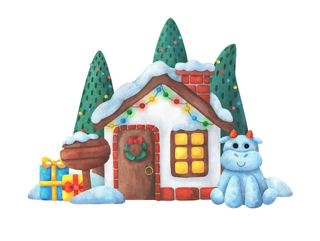 Una casa con addobbi natalizi, regali e un toro.