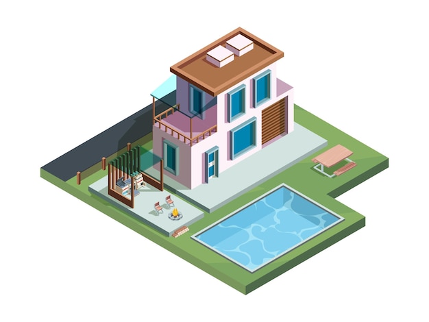 Vector house with exterior terrace in garden in isometric view