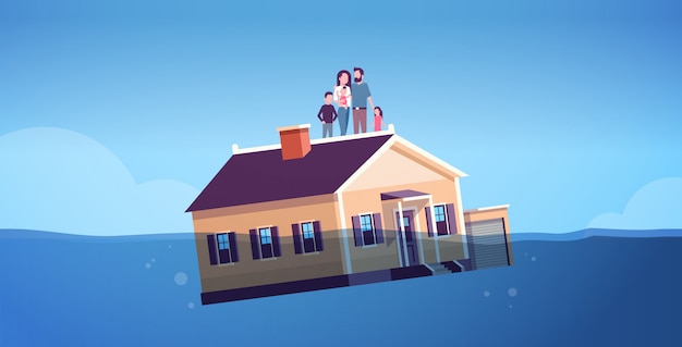 Дом с семьей тонет в воде недвижимость жилищный кризис бизнес ипотечные ставки концепция банкротства родители и дети, плавающие с домом горизонтальный полная длина