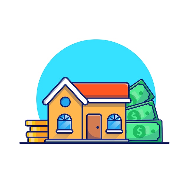 Vector house with gold coins money  illustration. real estate investment concept. building  white isolated