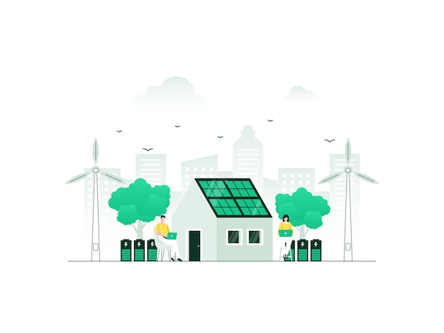 Vector house with independent power source supply green and renewable energy from solar panels and wind turbines vector illustration with minimalist color