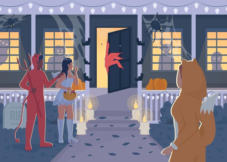 Vector house with monsters flat color vector illustration