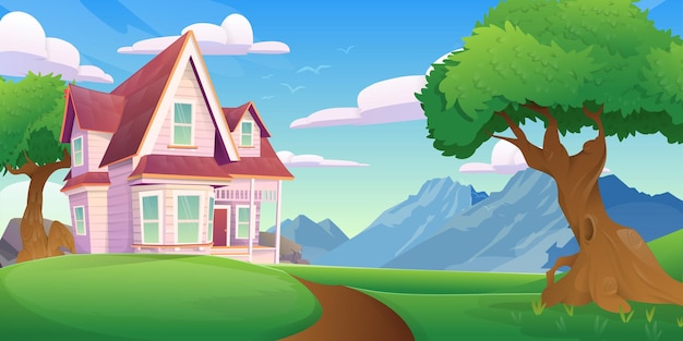 House with mountain views in cartoon style