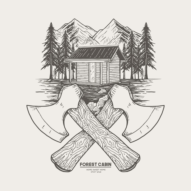 Vector house with pine trees mountain and cross ax symbol premium vector