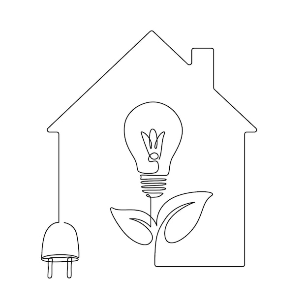 House with plug and light bulb in form of plant one line drawing