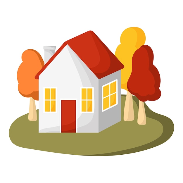 Vector house with red roof and autumn trees icon on a white card building home cartoon cute illustration