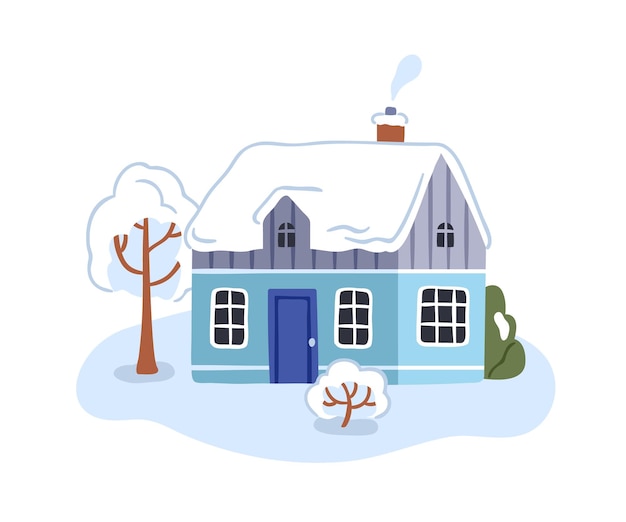 Vector house with roof and trees in snow wooden countryside home in snowy cold weather cozy country building chimney with smoke at wintertime flat vector illustration isolated on white background