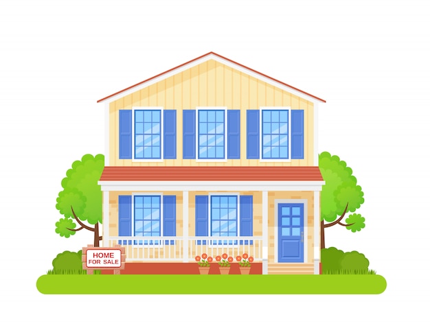 House with sign for sale.  illustration in flat .