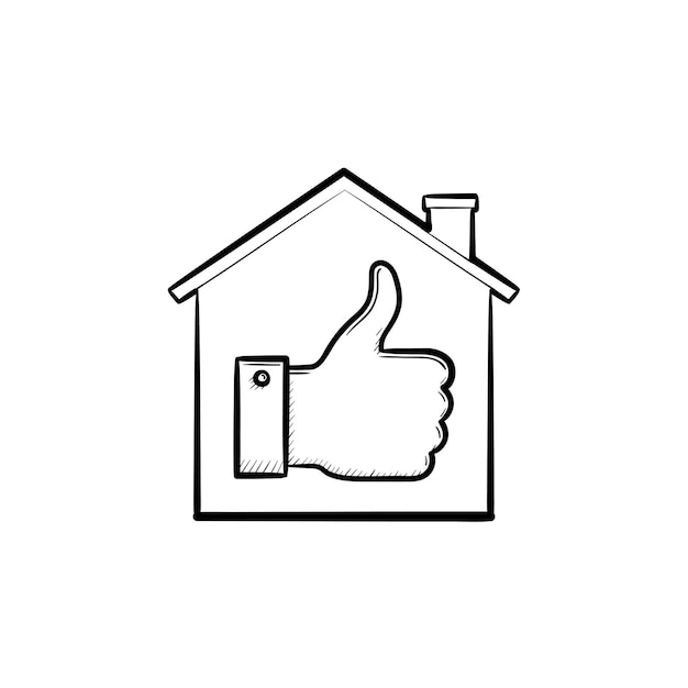 Vector house with thumb hand drawn outline doodle icon. like home, social media, success, approve concept