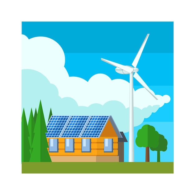 Vector house with wind turbine flat vector illustration in simplified style