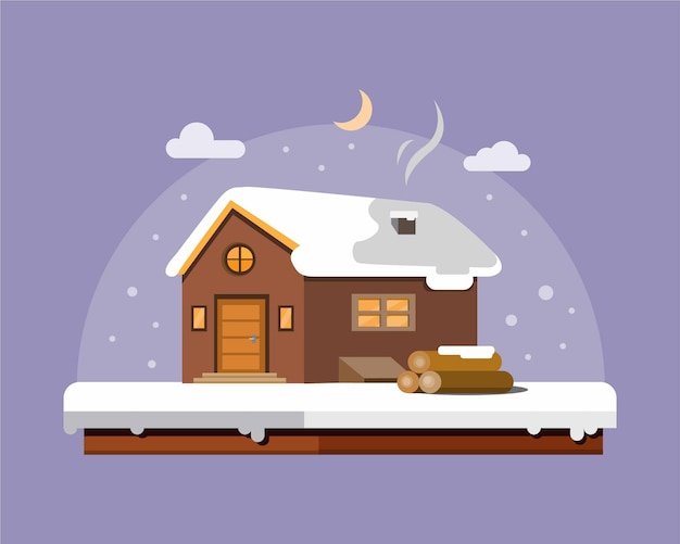 Vettore casa in legno neve inverno design piatto illustrazione sfondo