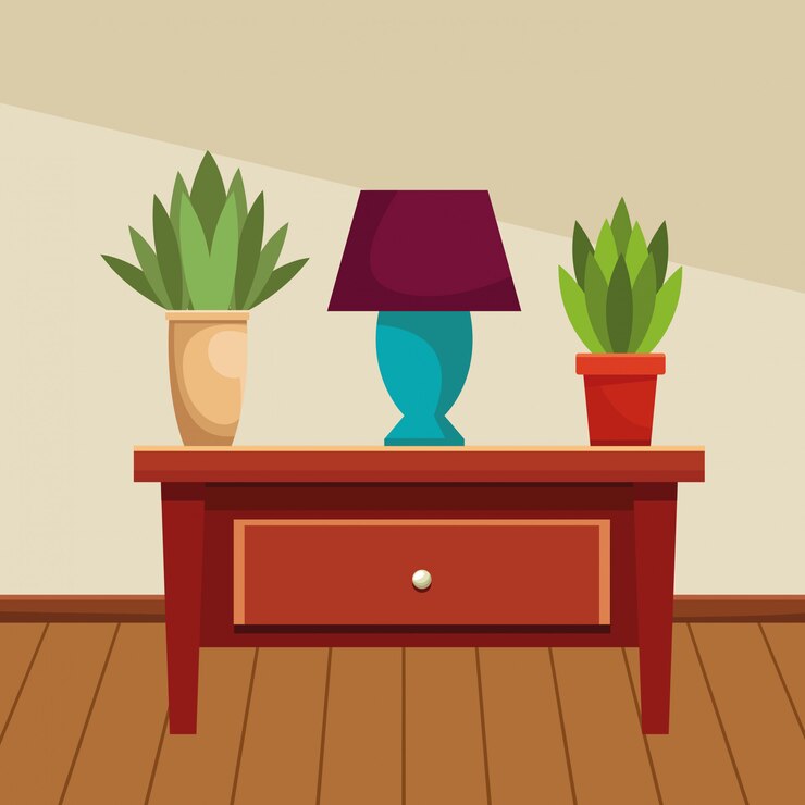 Vector house wooden drawer with light lamp and plant pots