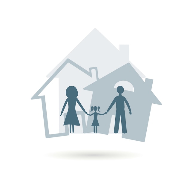 HouseA happy family couple with children standing together in front of their house Vector