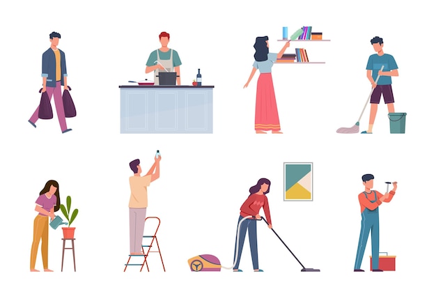 Household activities. Housekeeping chores, repair and cleaning home, people man or woman wash dishes and floor and vacuuming, cook vector cartoon isolated characters