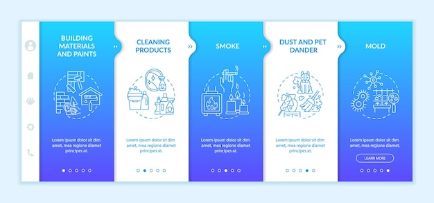 Household air pollution onboarding vector template. responsive mobile website with icons. web page walkthrough 5 step screens. mold, paints, smoke color concept with linear illustrations