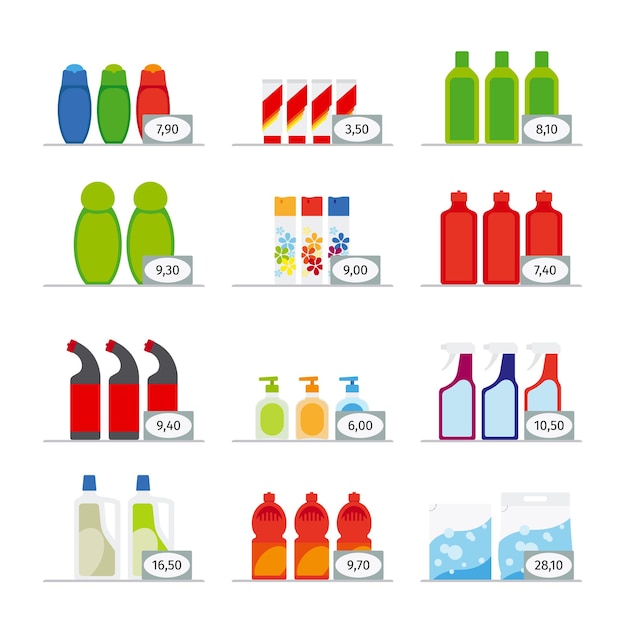 Household chemicals and cleaning supplies bottles   flat icons