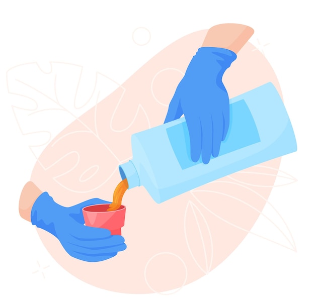 Vector household chemicals in hand cleaning surfaces from dirt wiping stains illustration