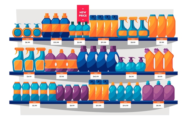 Vector household chemicals shelves store of chemical cleaning products hygiene