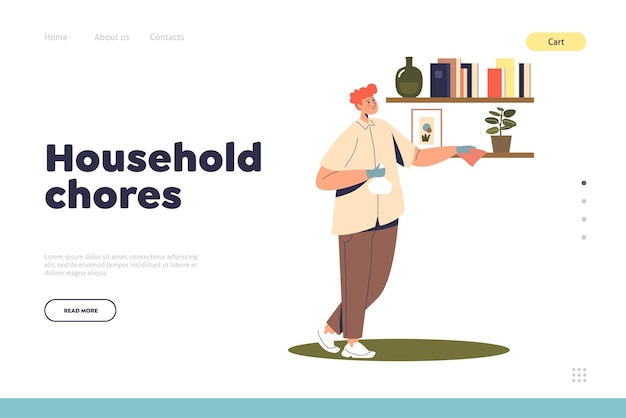 Household chores concept of landing page with man wiping dust at home Housekeeping activities Young male cleaning house washing and cleansing Cartoon flat vector illustration