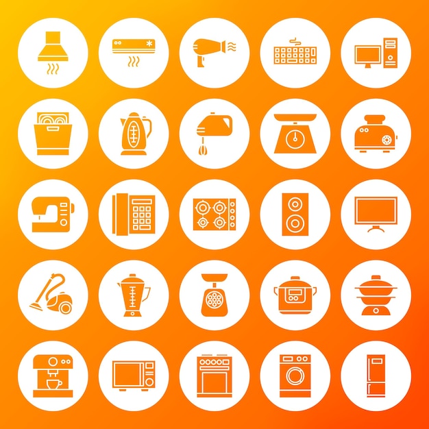 Vector household circle solid icons. vector illustration of glyphs over blurred background.