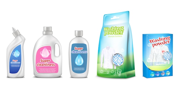 Vector household cleaning chemicals of toilet and bathroom cleaner or washing powder