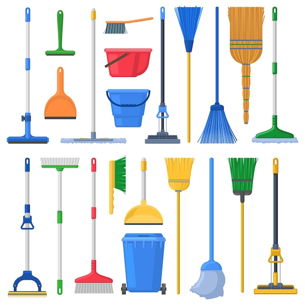 Household cleaning mops, broom, sweeps, scoops and plastic buckets. Cleaning swab, mop, broom, feather duster and dustpan vector Illustration set. House cleaning supplies