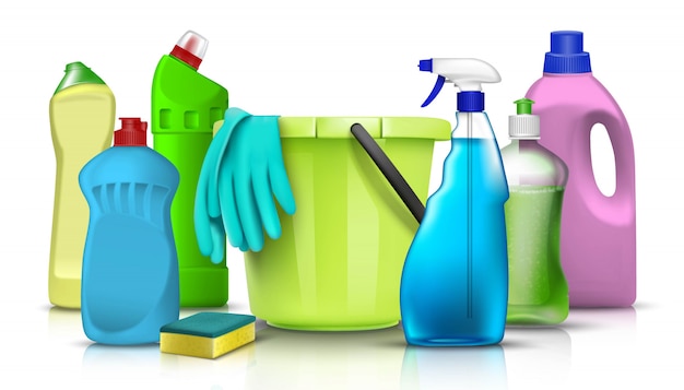 Collezione di prodotti e accessori per la pulizia della casa di utensili da cucina e per la pulizia della casa e bottiglie con secchio e guanti di plastica. illustrazione.