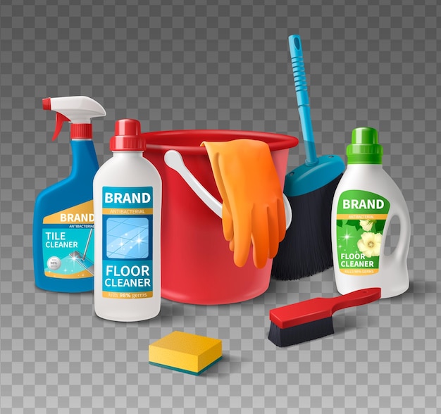 Vector household cleaning products composition with realistic detergent bottles on transparent background vector illustration