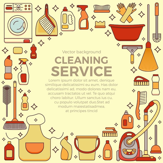 Household cleaning supplies template with elements set in outline flat style.