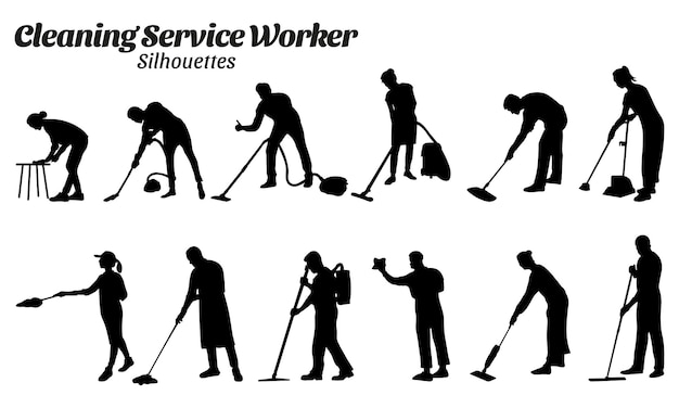 Household hotel or apartment cleaning service silhouette vector illustration set